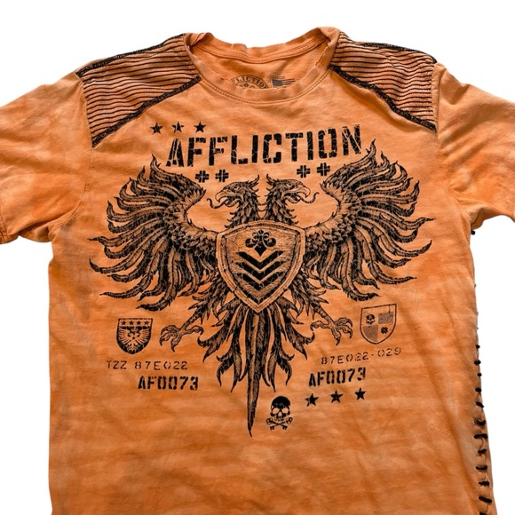 Affliction Value T-Shirt Bright Orange Camo Wash Flocked Graphic, Sz L - Picture 8 of 15